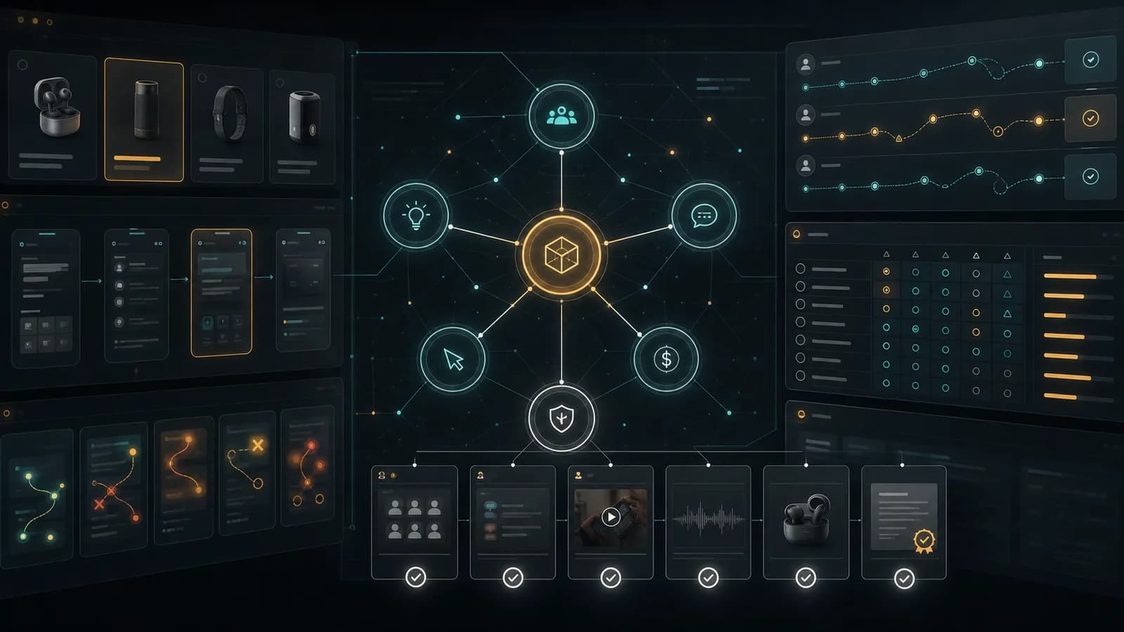 AI product testing workspace connecting product concepts, buyer reactions, usability risks, and validation checkpoints