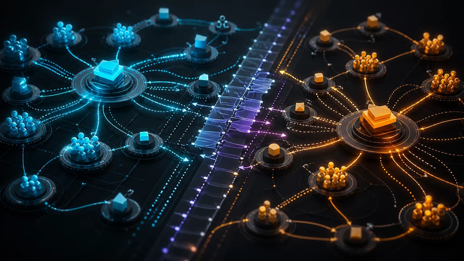 Two competing actor systems exchanging moves and countermoves across a central evidence path