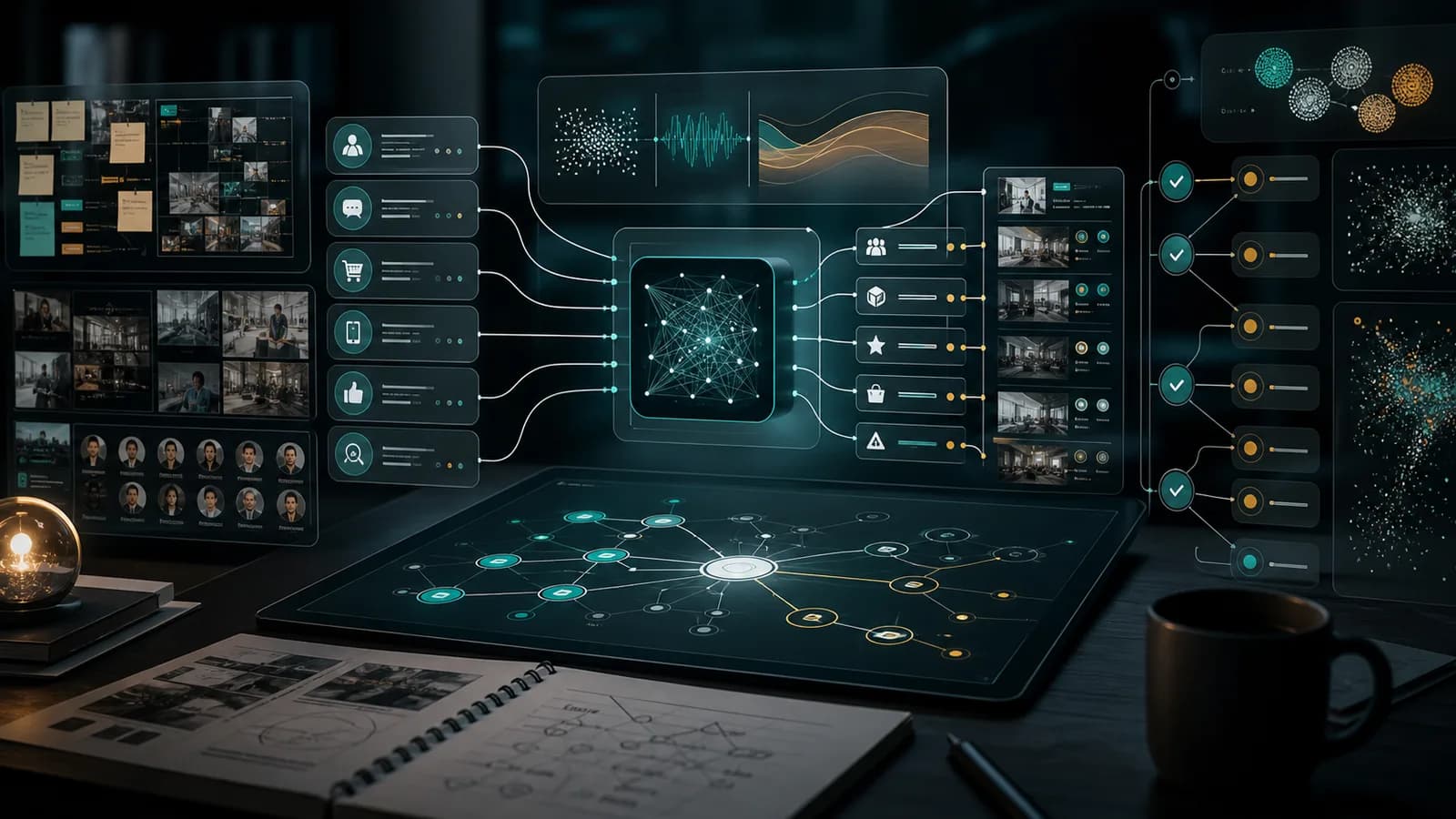 AI market research simulation workspace connecting customer evidence, market signals, and validation checkpoints
