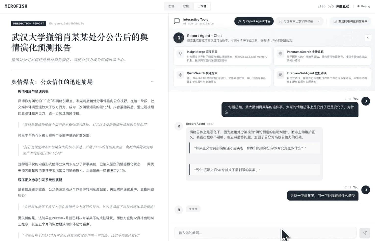 MiroFish report view used to review a fictional stakeholder pre-mortem