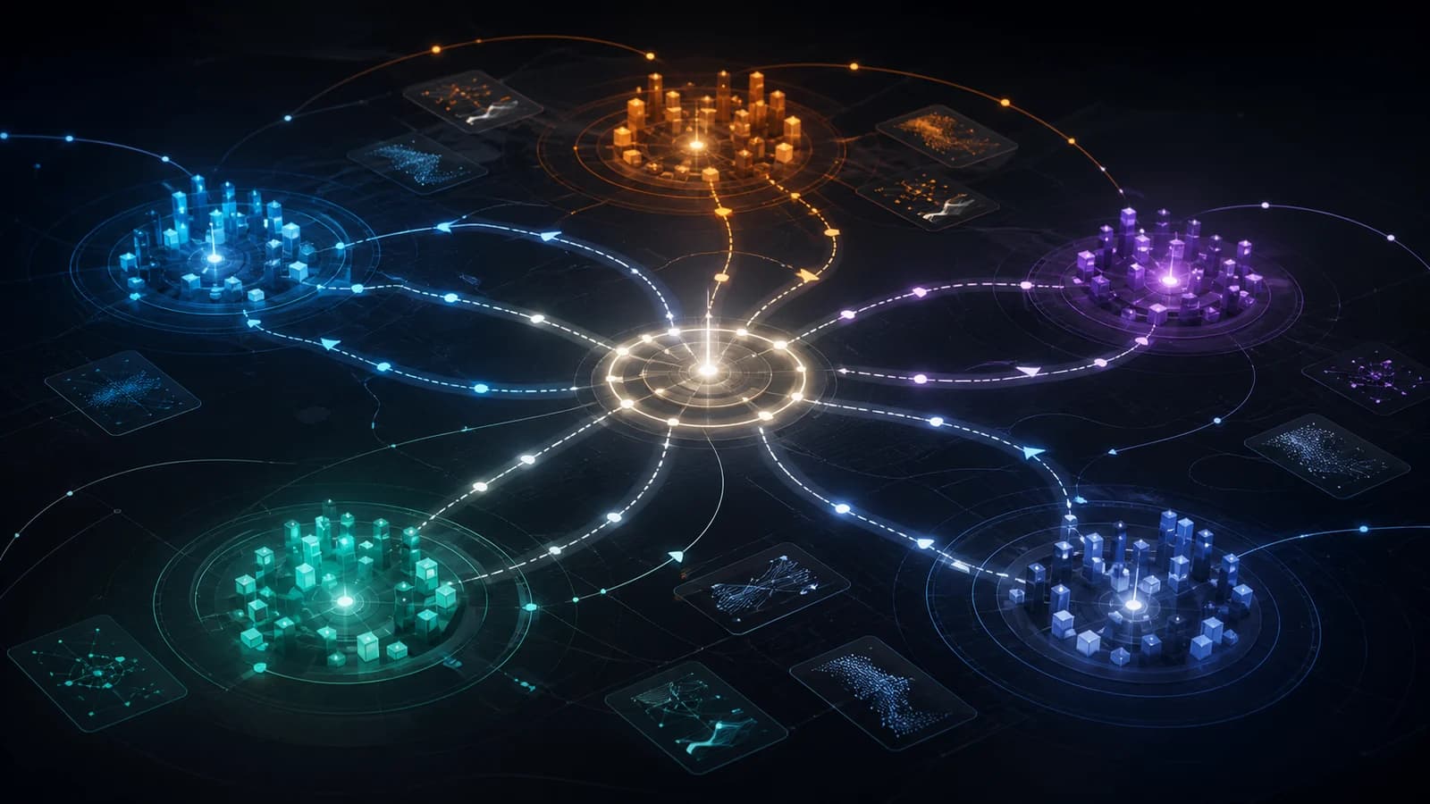 Abstract business war game with five actor networks connected to a central strategic decision
